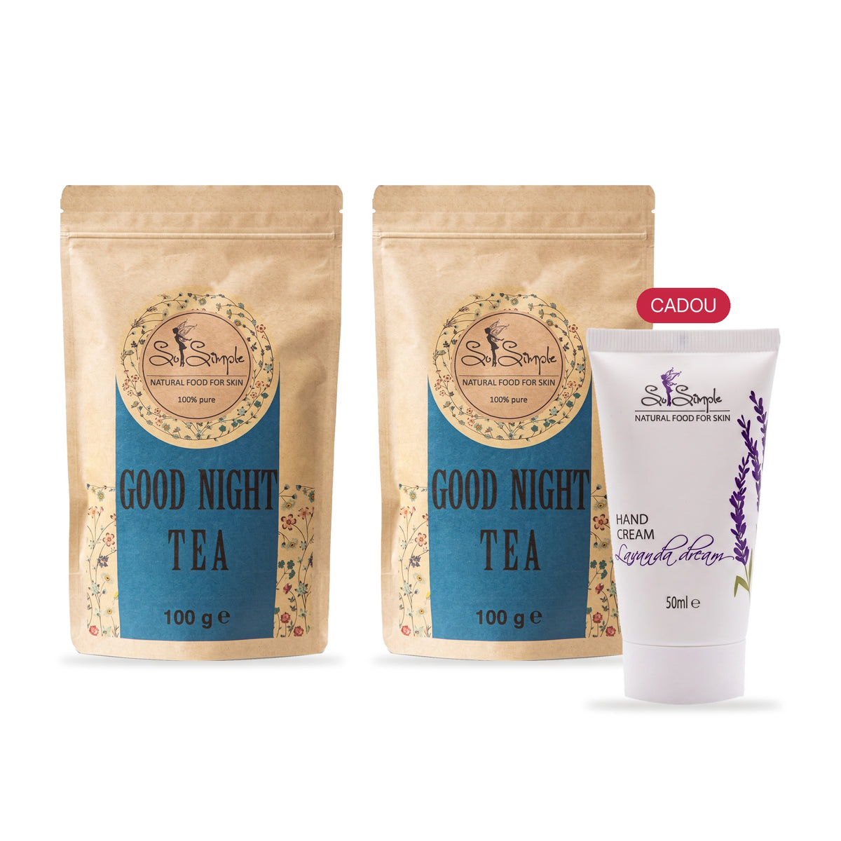 PACHET PROMO Noapte bună – 2 × ceai din plante Noapte bună + cadou cremă de mâini Lavanda Dream