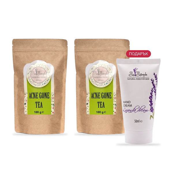 PACHET PROMO Acnee – 2 × ceai din plante pentru acnee + cadou cremă de mâini Lavanda Dream