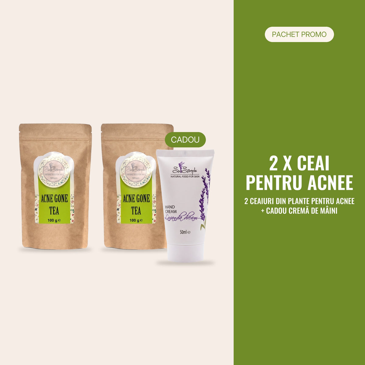 PACHET PROMO Acnee – 2 × ceai din plante pentru acnee + cadou cremă de mâini Lavanda Dream