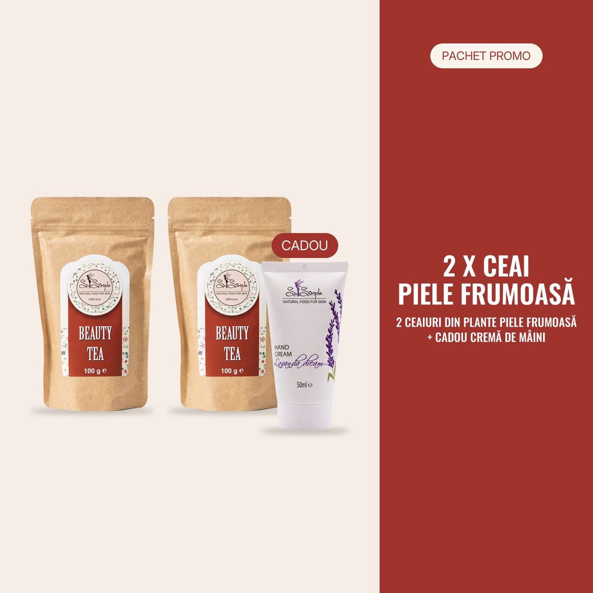 PACHET PROMO Piele Frumoasă – 2 × ceai din plante Piele Frumoasă + cadou cremă de mâini Lavanda Dream
