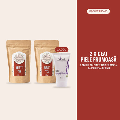 PACHET PROMO Piele Frumoasă – 2 × ceai din plante Piele Frumoasă + cadou cremă de mâini Lavanda Dream