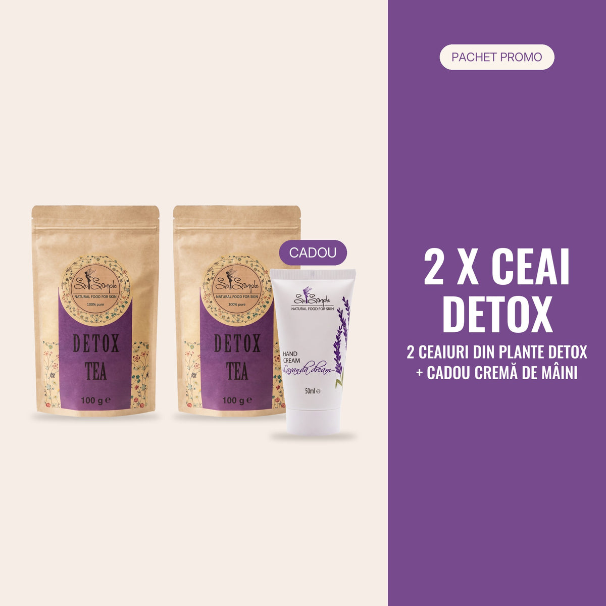 PACHET PROMO DETOX – 2 × ceai din plante DETOX + cadou cremă de mâini Lavanda Dream