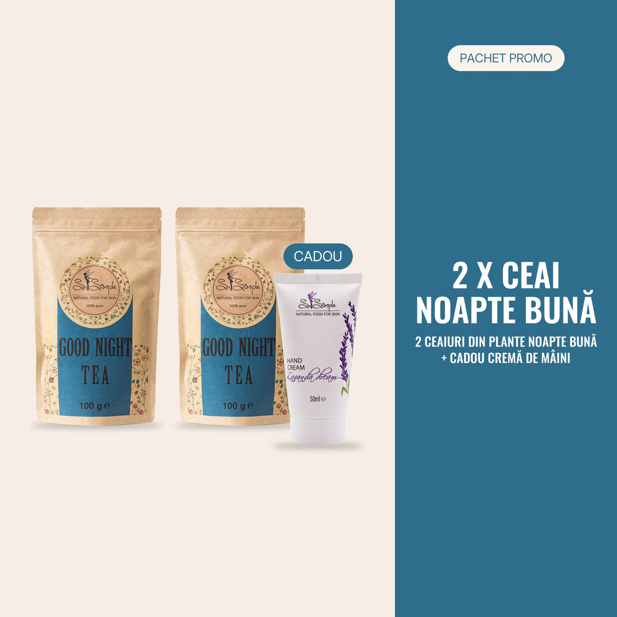 PACHET PROMO Noapte bună – 2 × ceai din plante Noapte bună + cadou cremă de mâini Lavanda Dream