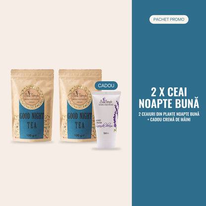 PACHET PROMO Noapte bună – 2 × ceai din plante Noapte bună + cadou cremă de mâini Lavanda Dream