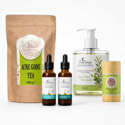 Set pentru acnee: gel, seruri PURE AM și PM, stick și ceai ACNE GONE